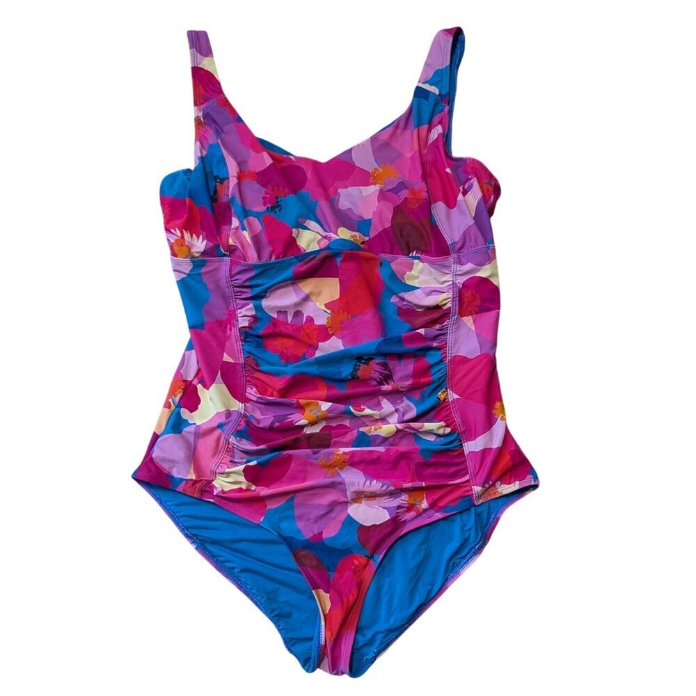 Nip Tuck Swim Womens One Piece Swimsuit Floral Pink Blue 12 DD E Cup Ruched